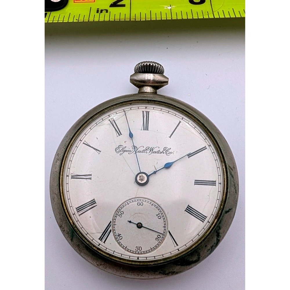 Antique Elgin National Watch Co Pocket Watch Roman Numeral Sub Dial Silver Tone
